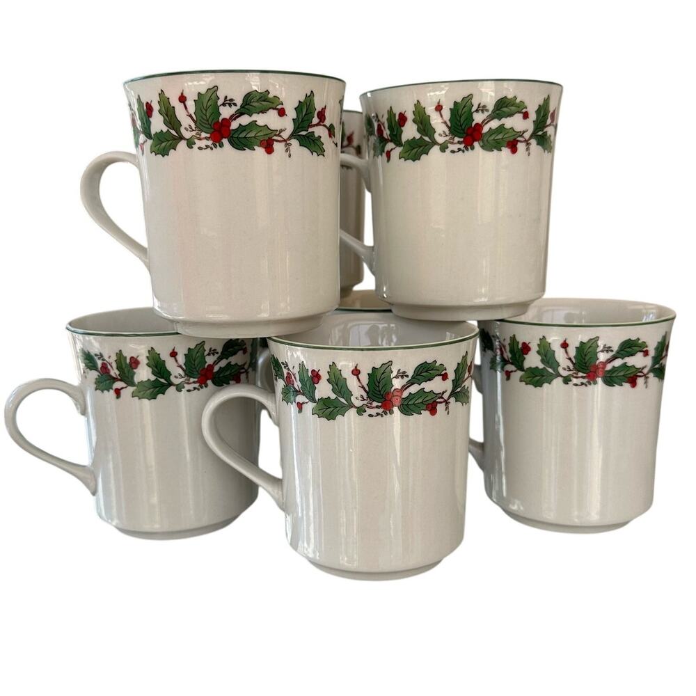 Vintage Holiday Mugs in Noel Pattern by China, Christmas Holly Dishes S/8